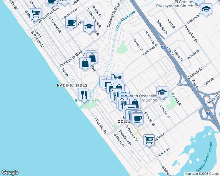 map of restaurants, bars, coffee shops, grocery stores, and more near 1573 Vista del Mar Way in Oceanside