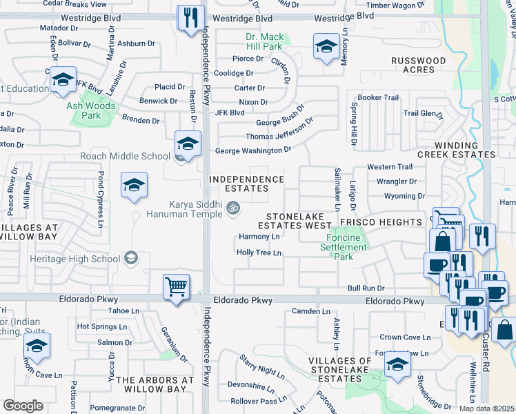 map of restaurants, bars, coffee shops, grocery stores, and more near 14823 Begonia Drive in Frisco