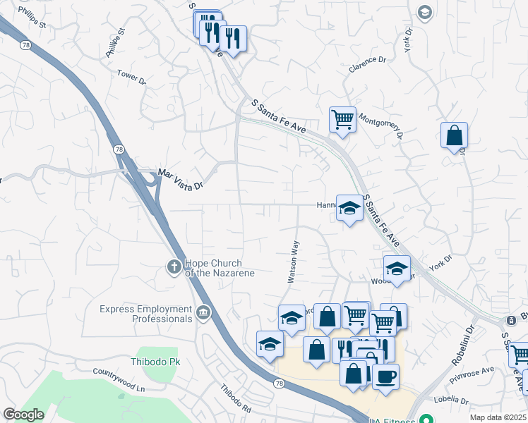 map of restaurants, bars, coffee shops, grocery stores, and more near 1686-88 Gecko Road in Vista
