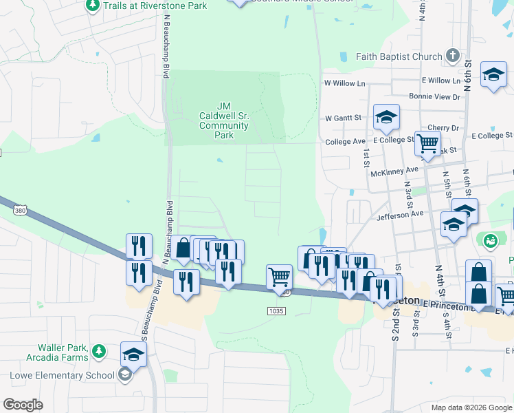 map of restaurants, bars, coffee shops, grocery stores, and more near Running Brook Drive in Princeton