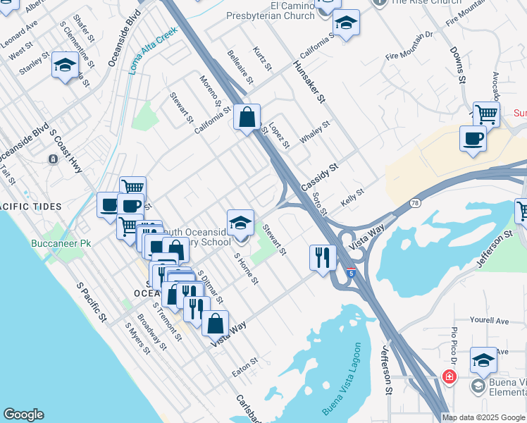 map of restaurants, bars, coffee shops, grocery stores, and more near 1751 Rue De La Mer in Oceanside
