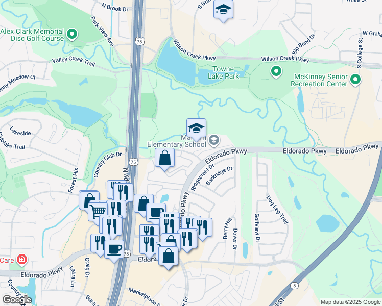 map of restaurants, bars, coffee shops, grocery stores, and more near 1729 Park Central Drive in McKinney