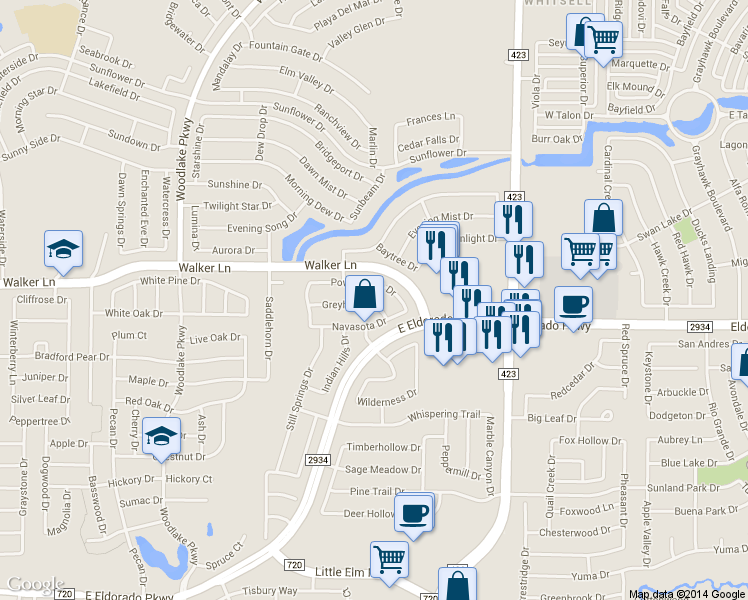 map of restaurants, bars, coffee shops, grocery stores, and more near 2512 Navasota Drive in Little Elm