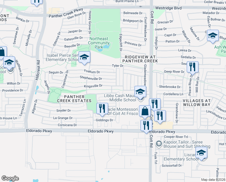map of restaurants, bars, coffee shops, grocery stores, and more near 11963 Henderson Drive in Frisco