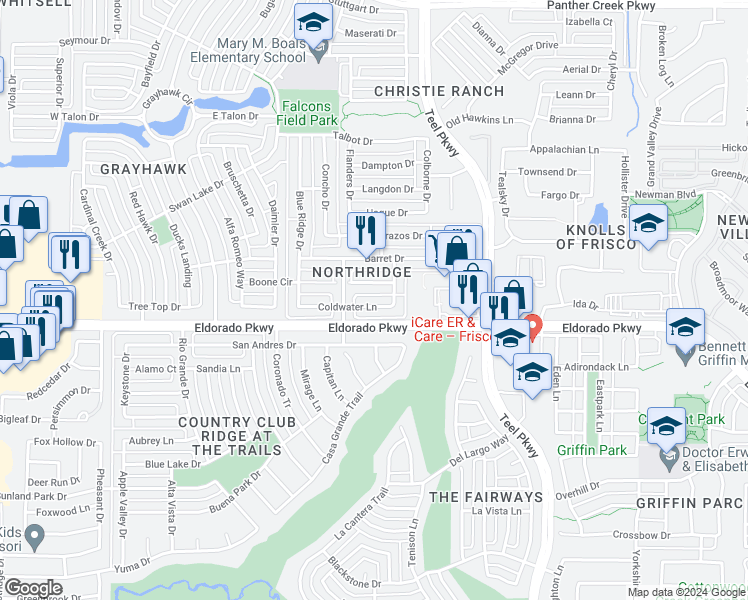 map of restaurants, bars, coffee shops, grocery stores, and more near 2206 Coldwater Lane in Frisco