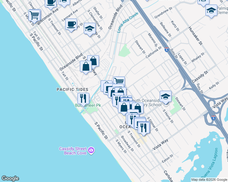 map of restaurants, bars, coffee shops, grocery stores, and more near 1570 Vista del Mar Way in Oceanside