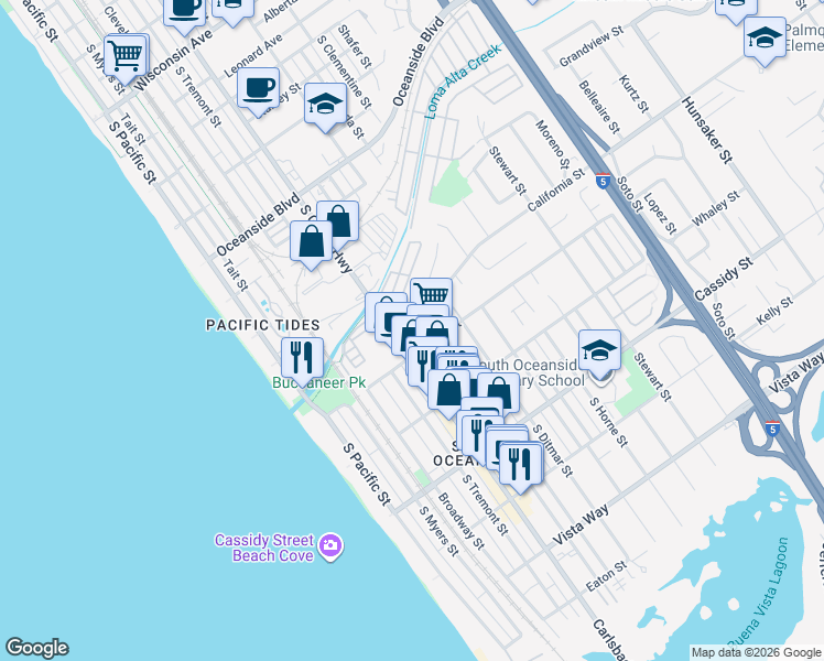 map of restaurants, bars, coffee shops, grocery stores, and more near 1566- Vista del Mar Way in Oceanside