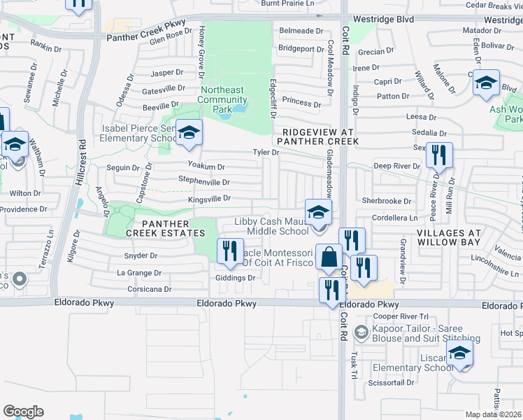 map of restaurants, bars, coffee shops, grocery stores, and more near 12146 Gonzales Drive in Frisco