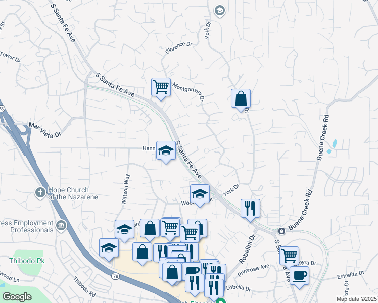 map of restaurants, bars, coffee shops, grocery stores, and more near 1724 South Santa Fe Avenue in Vista