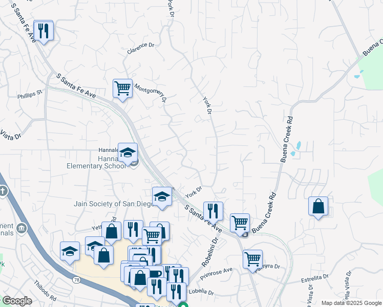 map of restaurants, bars, coffee shops, grocery stores, and more near 1766 Montgomery Drive in Vista