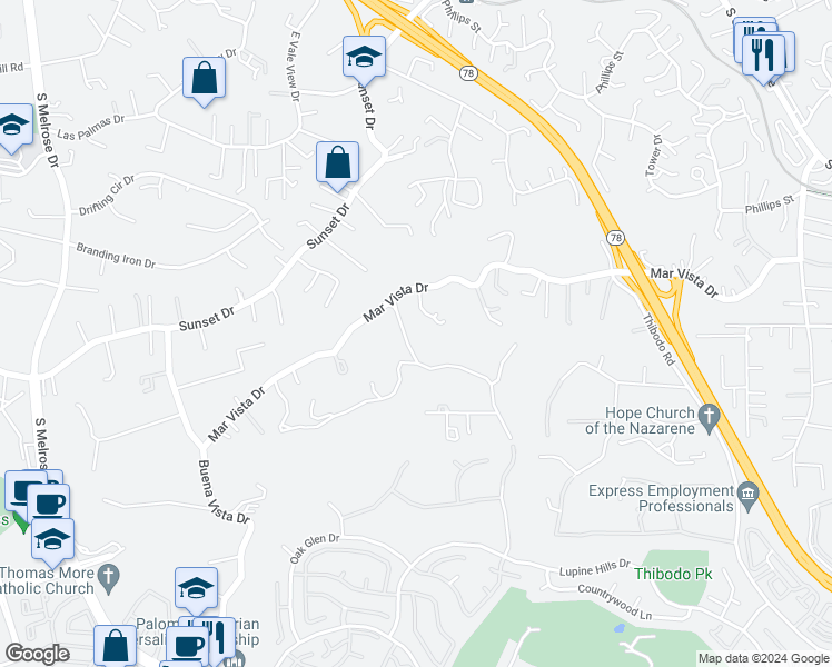 map of restaurants, bars, coffee shops, grocery stores, and more near 840 Miramar Drive in Vista