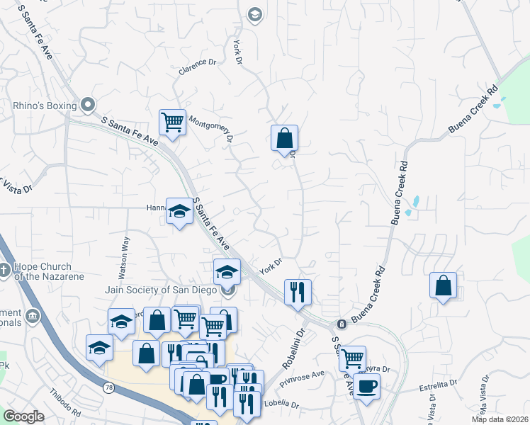 map of restaurants, bars, coffee shops, grocery stores, and more near 1766 Montgomery Drive in Vista