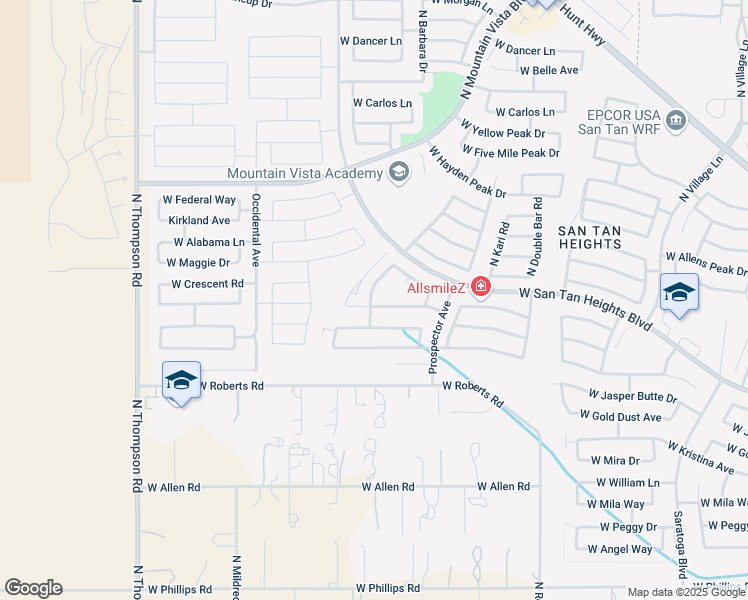 map of restaurants, bars, coffee shops, grocery stores, and more near 3864 West South Butte Road in Queen Creek