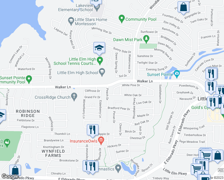 map of restaurants, bars, coffee shops, grocery stores, and more near 2712 White Pine Drive in Little Elm