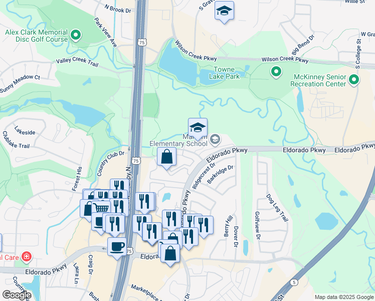 map of restaurants, bars, coffee shops, grocery stores, and more near 1739 Park Central Drive in McKinney