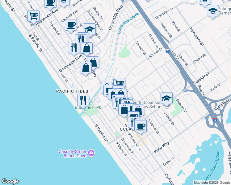 map of restaurants, bars, coffee shops, grocery stores, and more near 1573 Vista del Mar Way in Oceanside