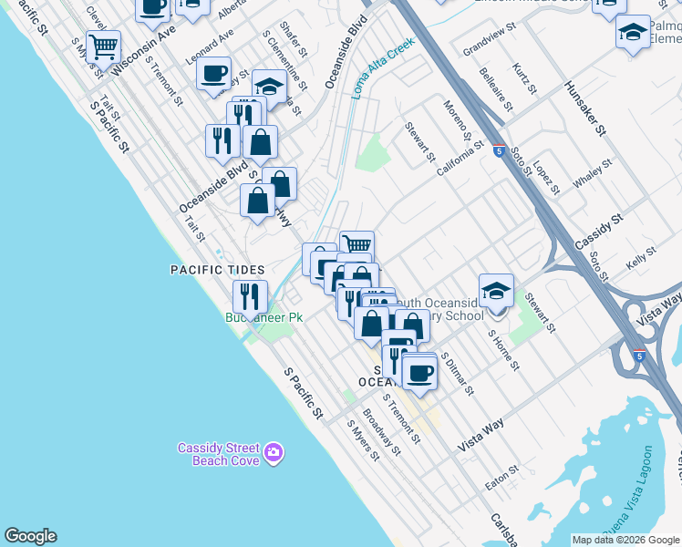 map of restaurants, bars, coffee shops, grocery stores, and more near 1566- Vista del Mar Way in Oceanside