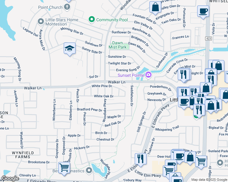 map of restaurants, bars, coffee shops, grocery stores, and more near 2333 White Pine Drive in Little Elm
