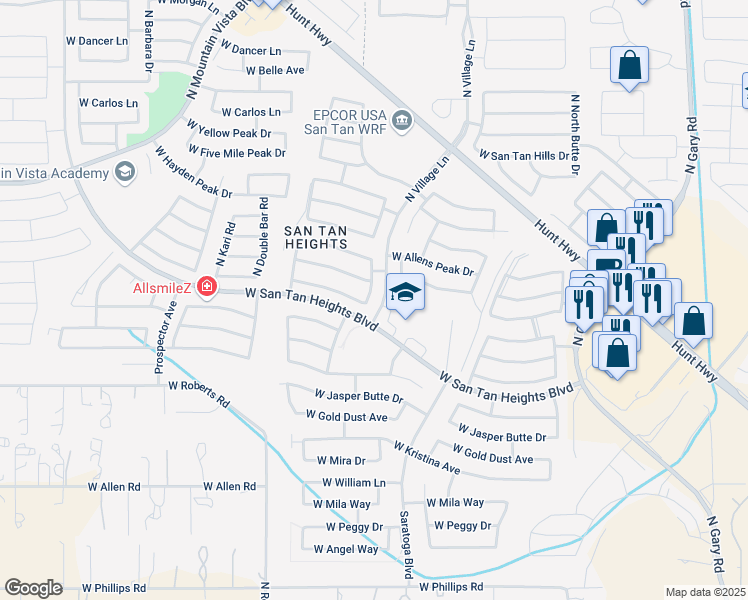 map of restaurants, bars, coffee shops, grocery stores, and more near 2742 West Sunshine Butte Drive in Queen Creek