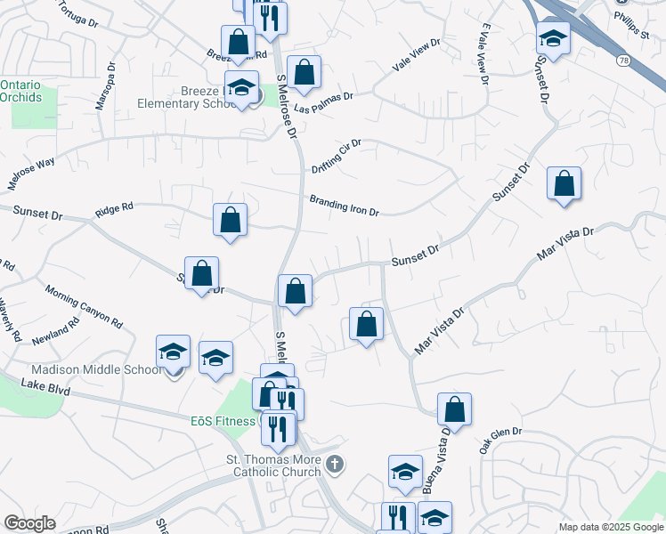 map of restaurants, bars, coffee shops, grocery stores, and more near 1201 Sunset Drive in Vista