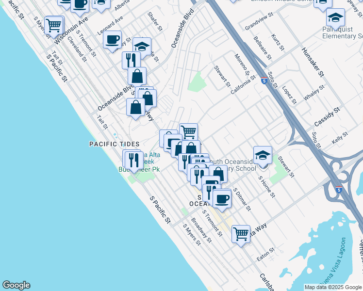 map of restaurants, bars, coffee shops, grocery stores, and more near 1573 Vista del Mar Way in Oceanside