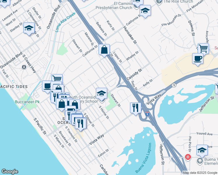 map of restaurants, bars, coffee shops, grocery stores, and more near 1743 Rue De La Mer in Oceanside