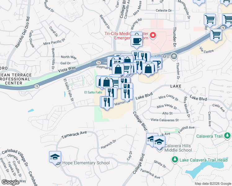 map of restaurants, bars, coffee shops, grocery stores, and more near 3450 Marron Road in Oceanside