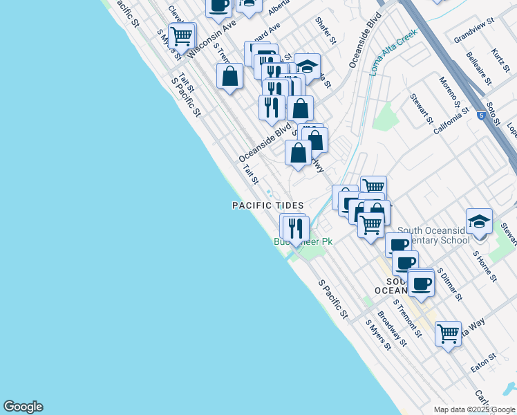 map of restaurants, bars, coffee shops, grocery stores, and more near 1318 South Pacific Street in Oceanside