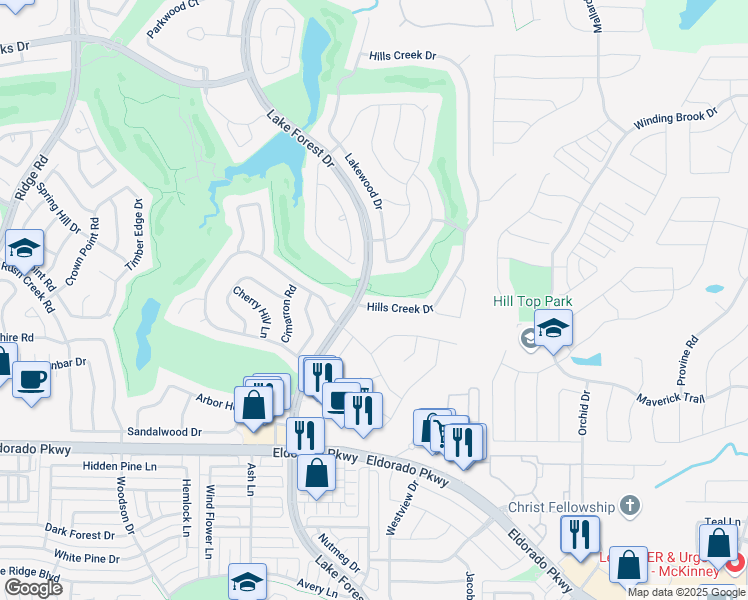 map of restaurants, bars, coffee shops, grocery stores, and more near 2099 Lake Forest Drive in McKinney