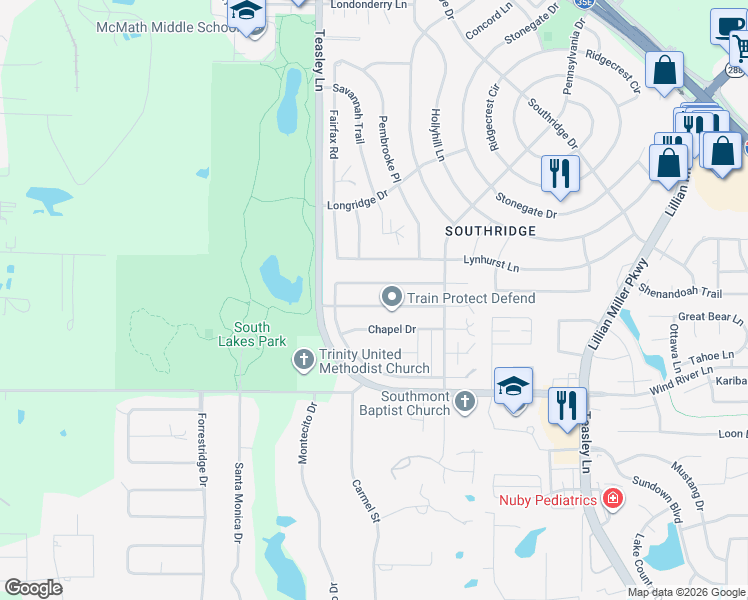map of restaurants, bars, coffee shops, grocery stores, and more near 825 Skylark Drive in Denton