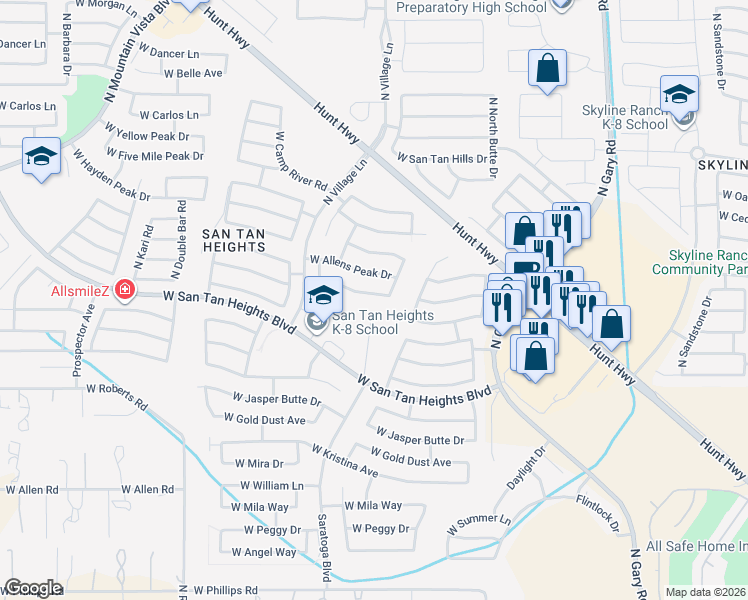 map of restaurants, bars, coffee shops, grocery stores, and more near 2365 West Tanner Ranch Road in Queen Creek