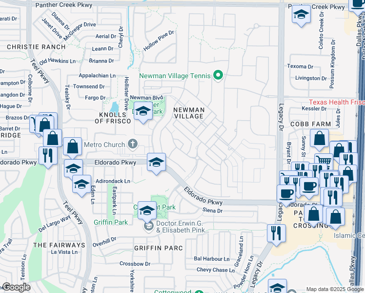 map of restaurants, bars, coffee shops, grocery stores, and more near 3680 Country Walk Court in Frisco