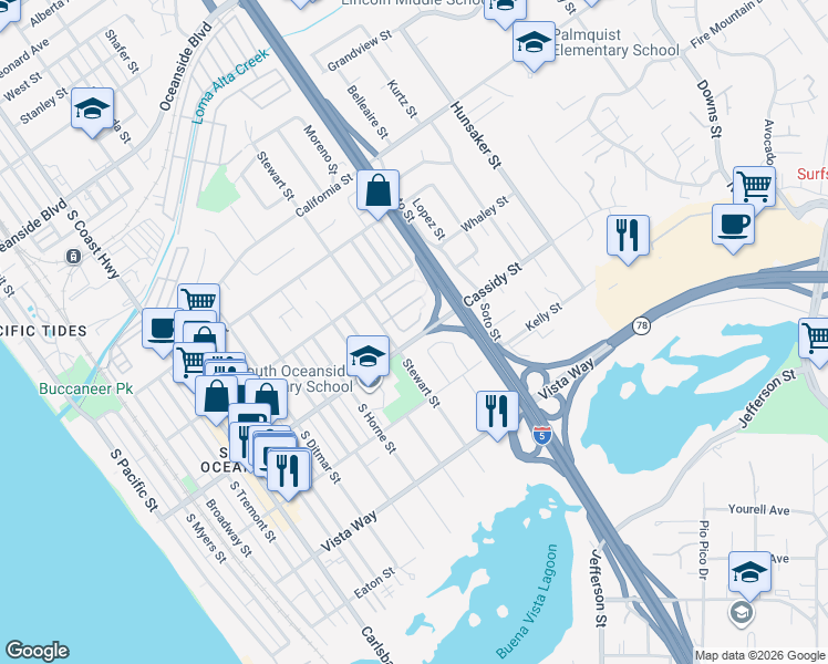 map of restaurants, bars, coffee shops, grocery stores, and more near 1229 Chambord Court in Oceanside