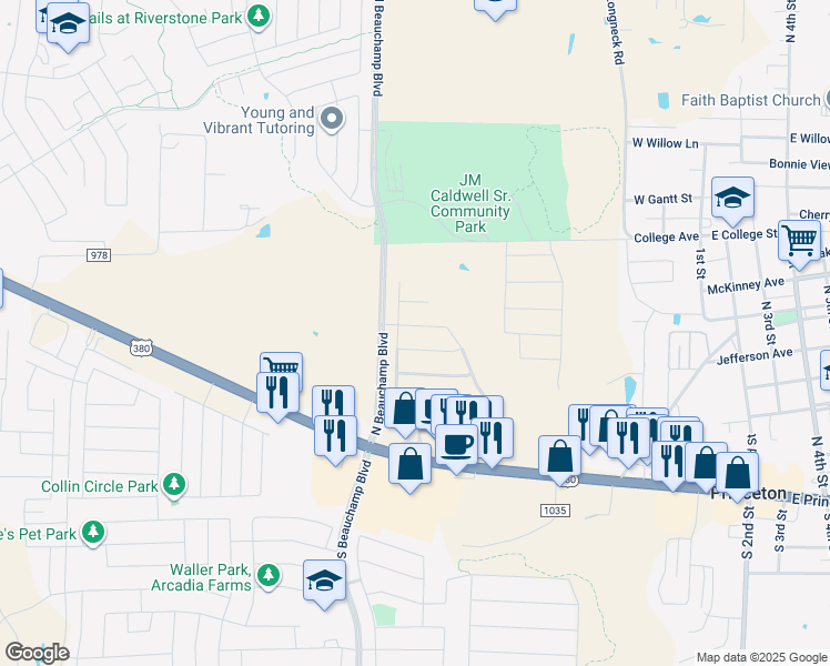 map of restaurants, bars, coffee shops, grocery stores, and more near 514 Creekside Drive in Princeton