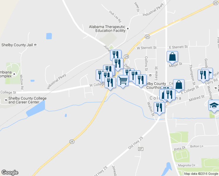 map of restaurants, bars, coffee shops, grocery stores, and more near Alabama 25 in Columbiana