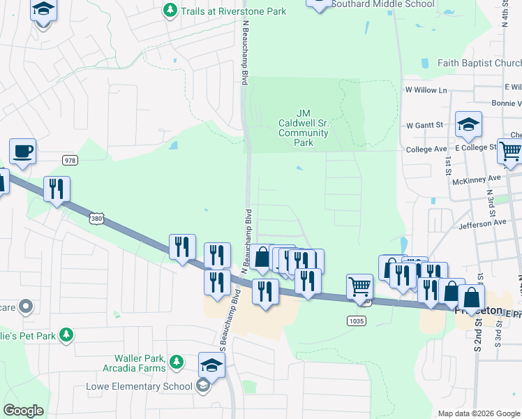 map of restaurants, bars, coffee shops, grocery stores, and more near 747 Cedar Cove Drive in Princeton