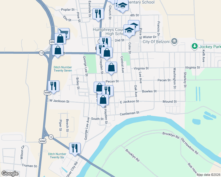 map of restaurants, bars, coffee shops, grocery stores, and more near 306 Church Street in Belzoni