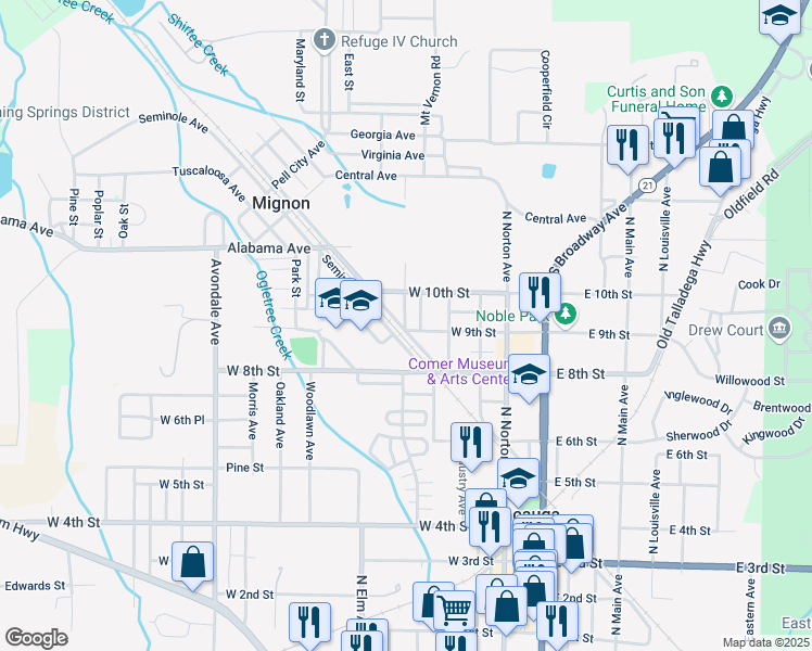 map of restaurants, bars, coffee shops, grocery stores, and more near 7 Main Saint Mignon in Sylacauga