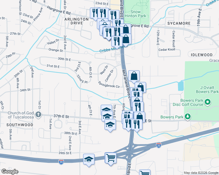 map of restaurants, bars, coffee shops, grocery stores, and more near 67 Springbrook in Tuscaloosa