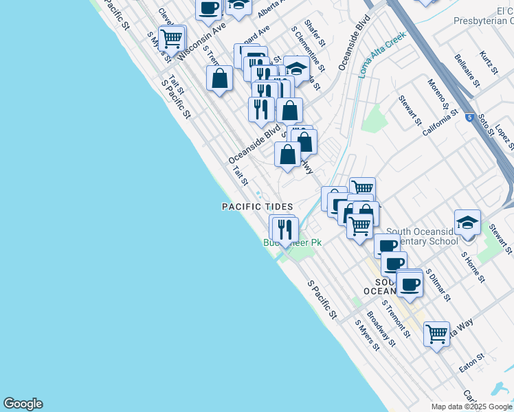 map of restaurants, bars, coffee shops, grocery stores, and more near 1318 South Pacific Street in Oceanside
