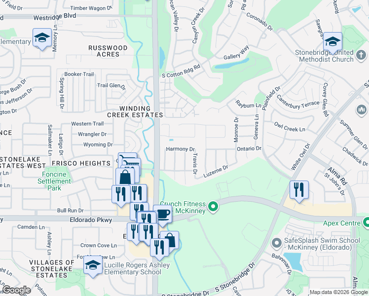 map of restaurants, bars, coffee shops, grocery stores, and more near 8801 Abbington Place in McKinney