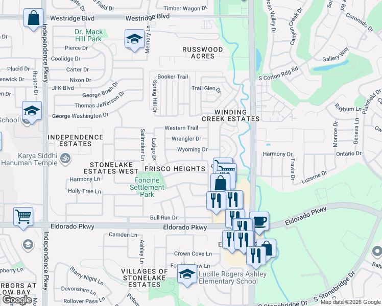 map of restaurants, bars, coffee shops, grocery stores, and more near 15700 Wyoming Drive in Frisco