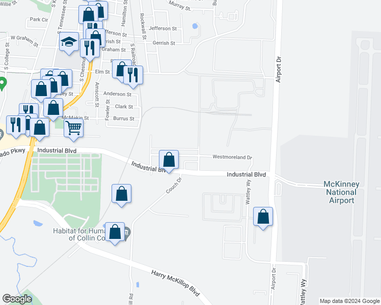 map of restaurants, bars, coffee shops, grocery stores, and more near 1131 Westmoreland Drive in McKinney