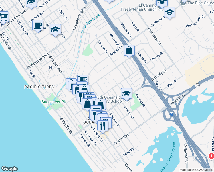 map of restaurants, bars, coffee shops, grocery stores, and more near 933 Horne Place in Oceanside