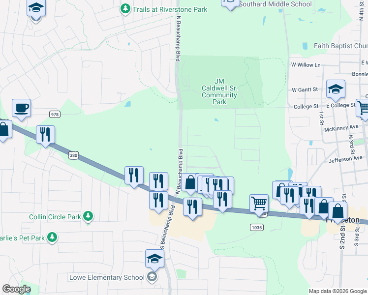 map of restaurants, bars, coffee shops, grocery stores, and more near 747 Cedar Cove Drive in Princeton
