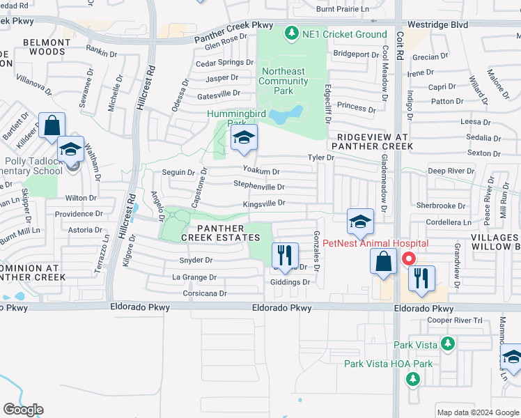 map of restaurants, bars, coffee shops, grocery stores, and more near 11745 Kingsville Drive in Frisco