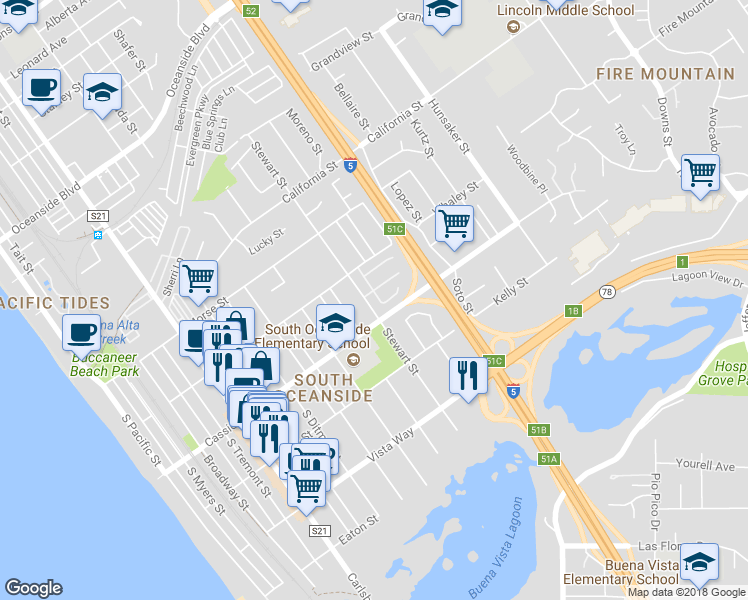 map of restaurants, bars, coffee shops, grocery stores, and more near 1735 Rue De La Mer in Oceanside