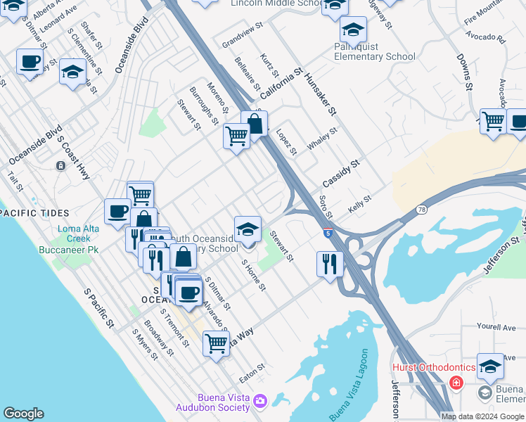 map of restaurants, bars, coffee shops, grocery stores, and more near 1735 Rue De La Mer in Oceanside