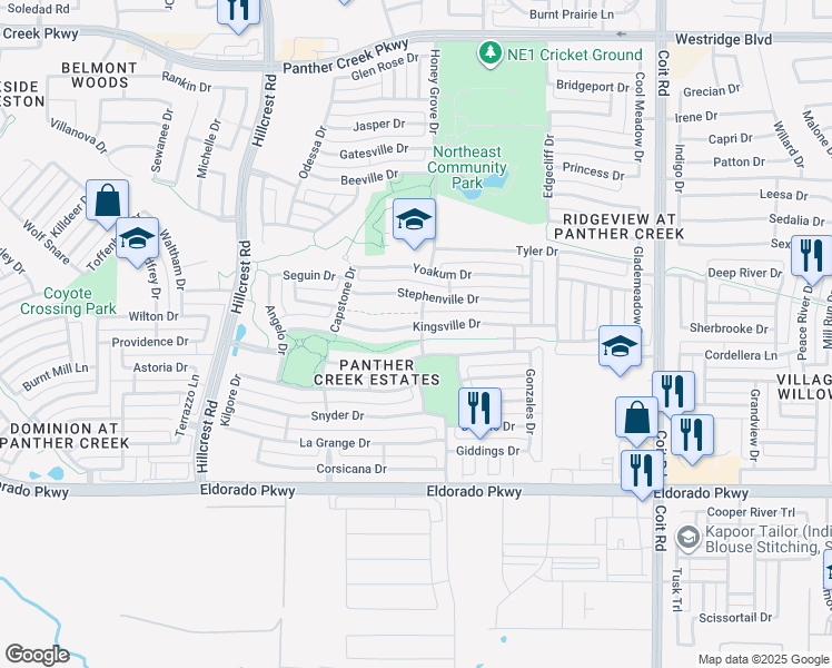 map of restaurants, bars, coffee shops, grocery stores, and more near 11699 Kingsville Drive in Frisco