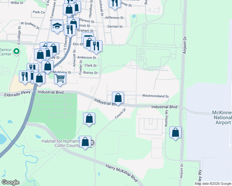 map of restaurants, bars, coffee shops, grocery stores, and more near 1111 Westmoreland Drive in McKinney